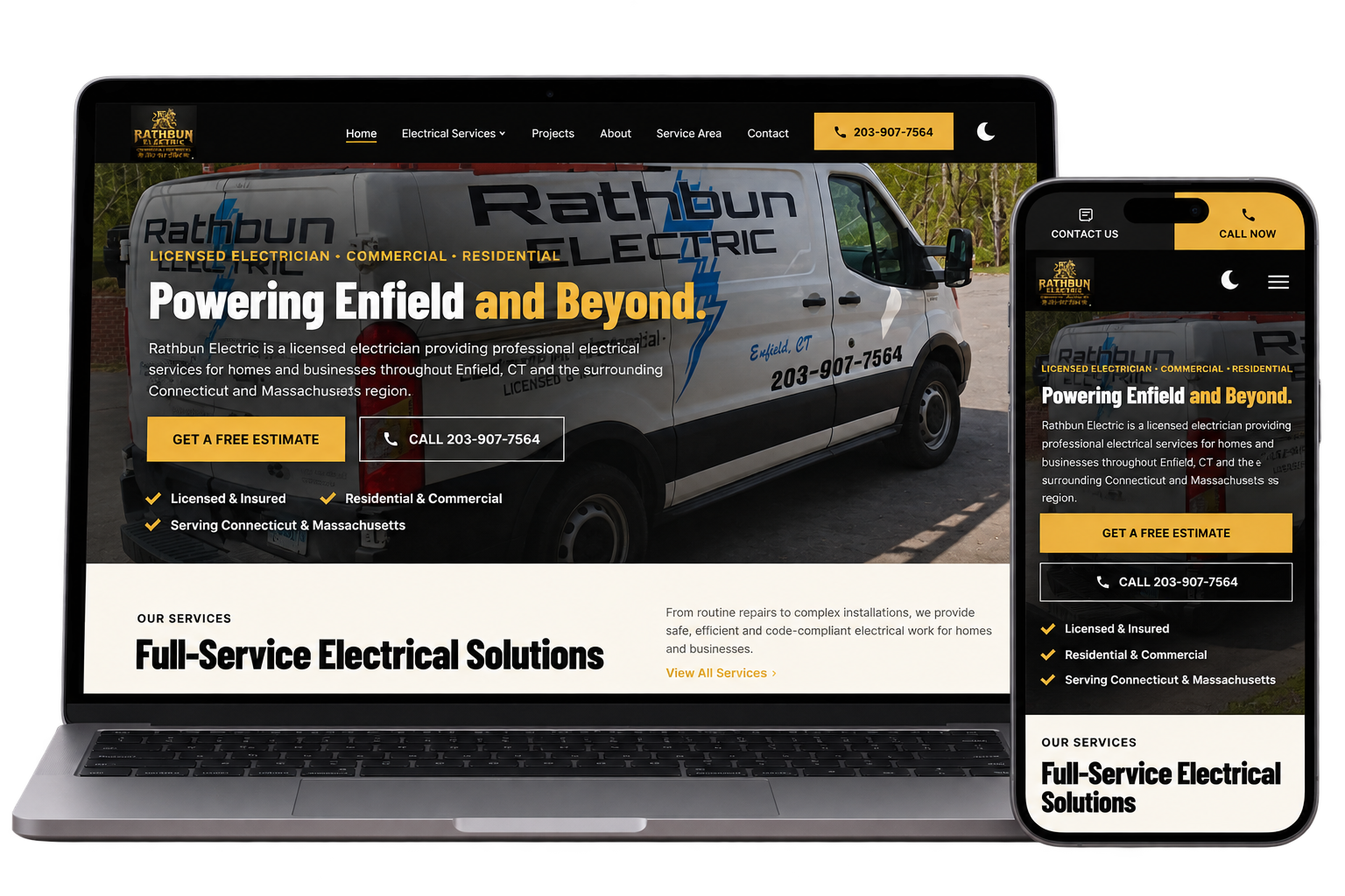 The Rathbun Electric website we built, shown on a laptop and a phone