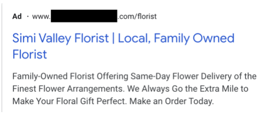 Search ad headed Simi Valley Florist, Local, Family Owned Florist, mentioning same-day flower delivery